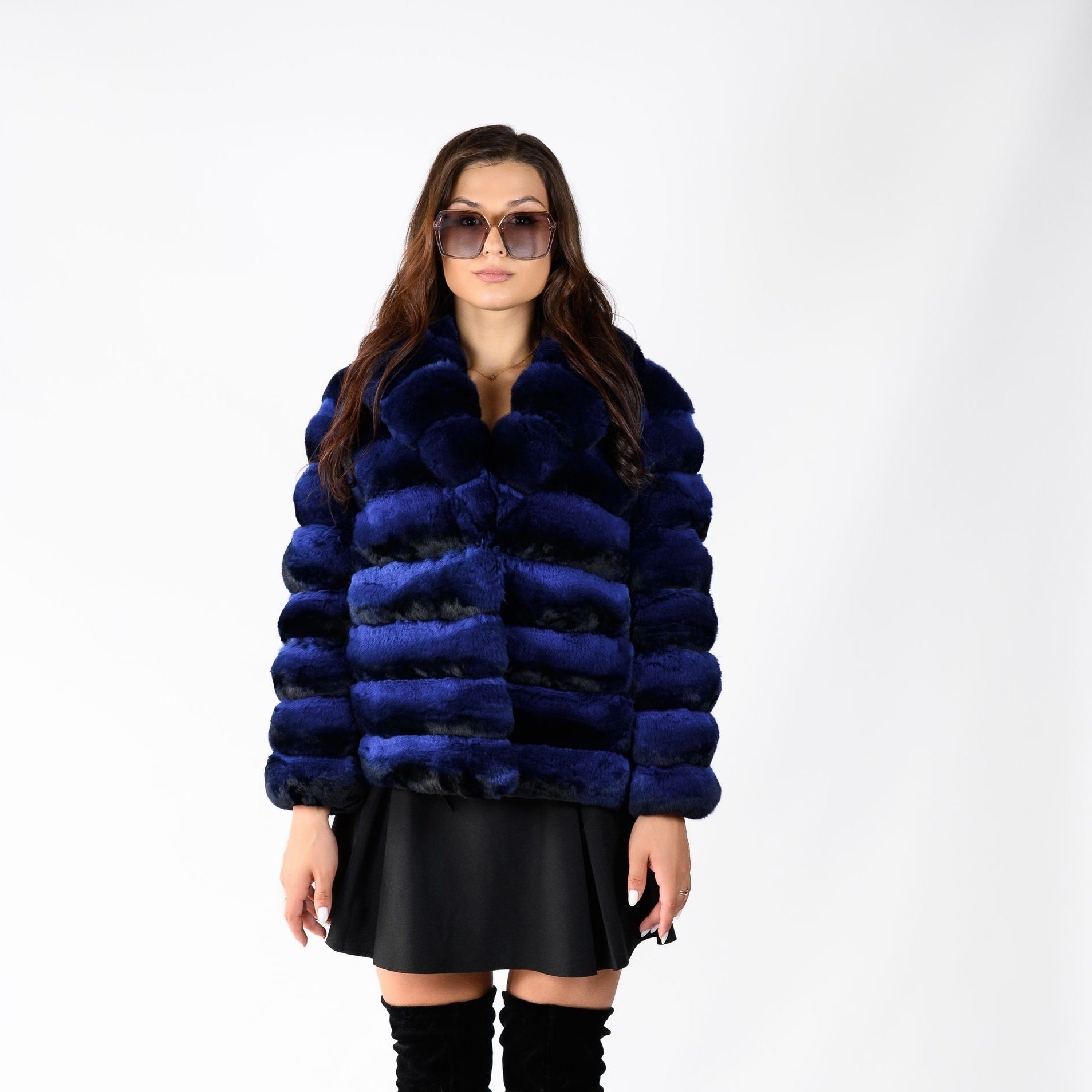 Шуба з хутра шиншили — синій колір, 60 см