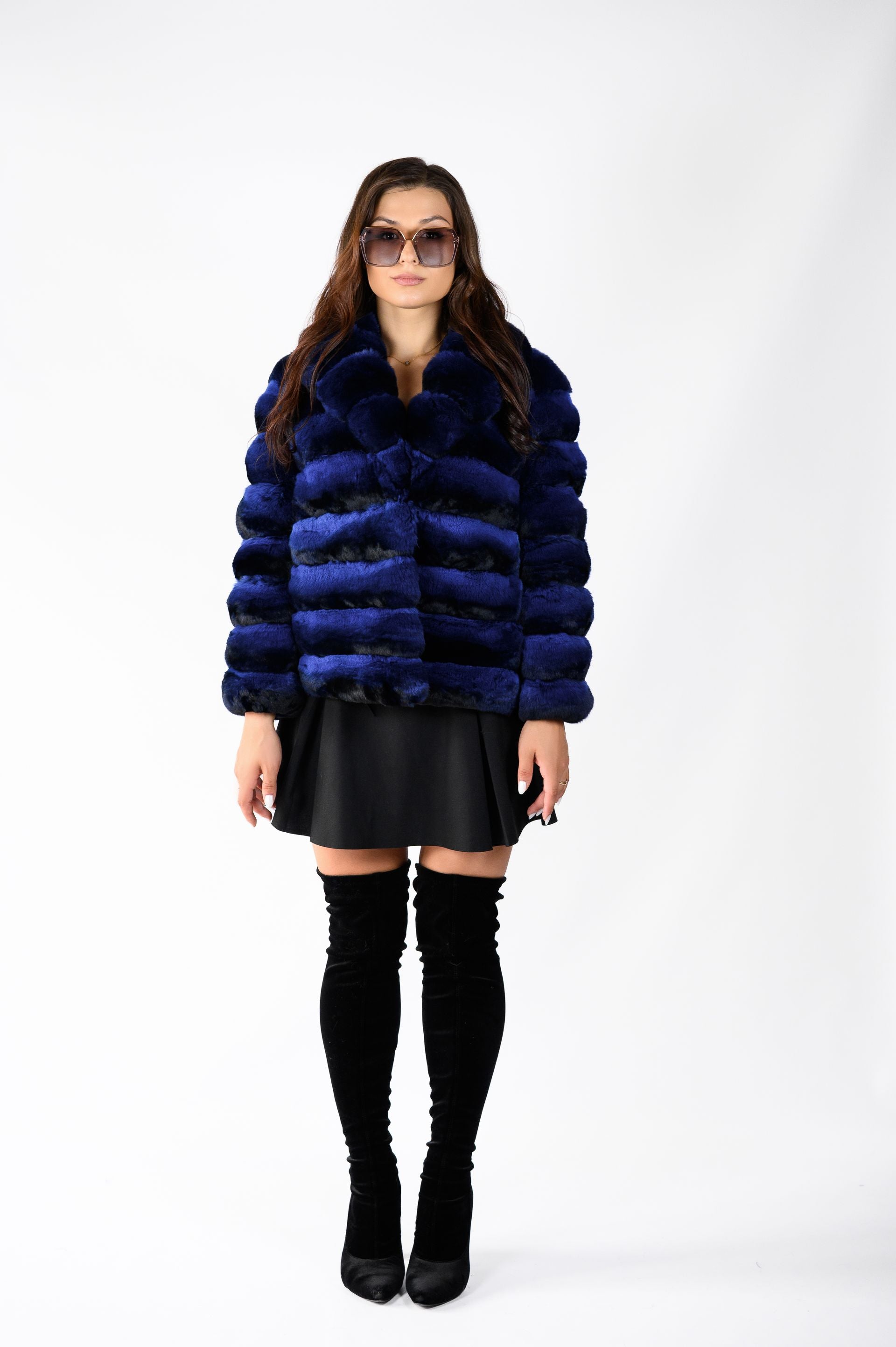 Шуба з хутра шиншили — синій колір, 60 см