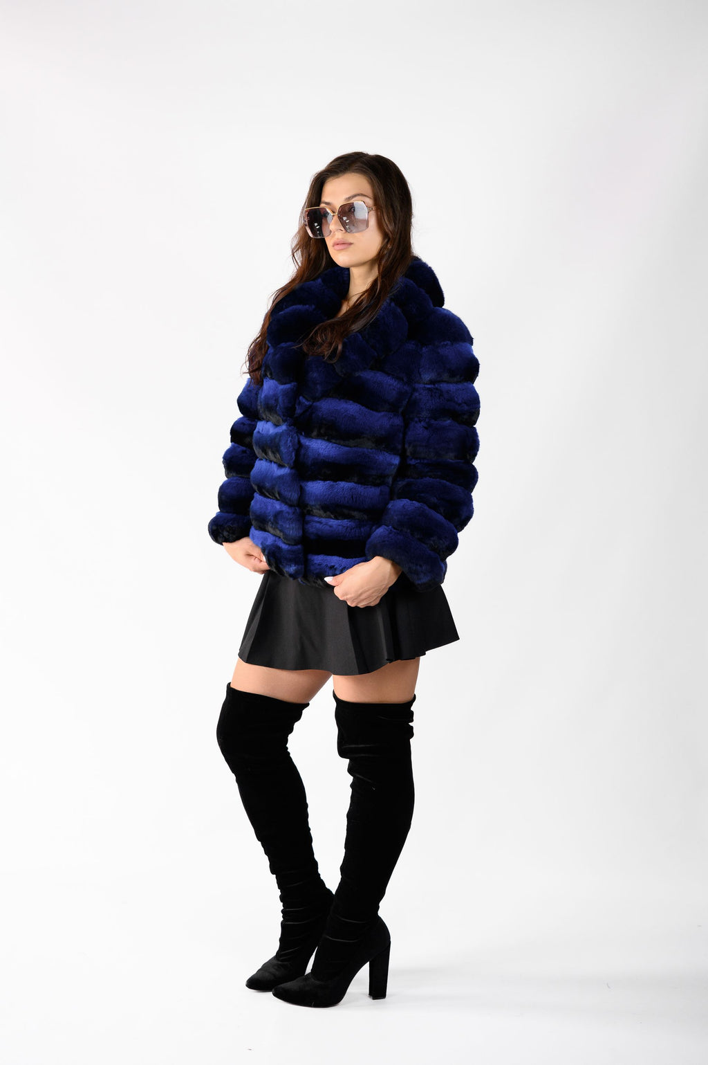 Шуба з хутра шиншили — синій колір, 60 см