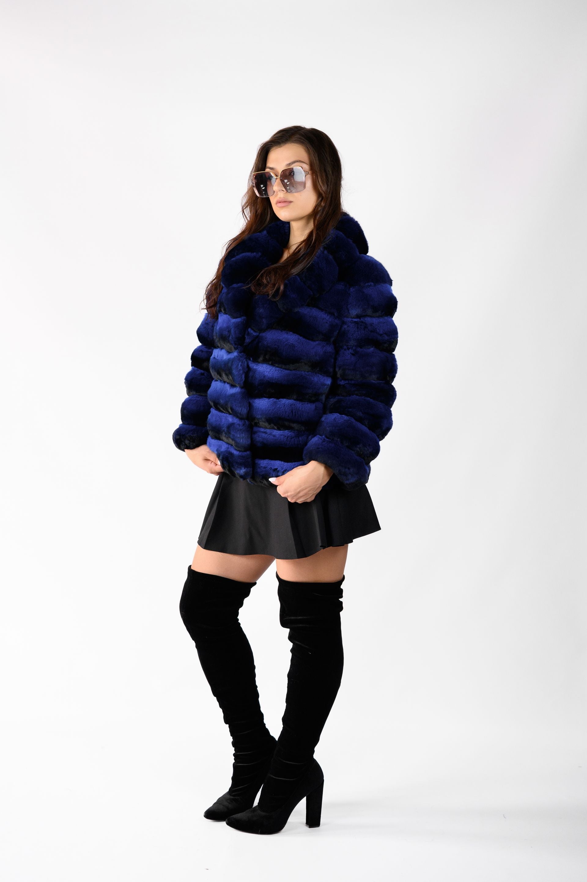 Шуба з хутра шиншили — синій колір, 60 см