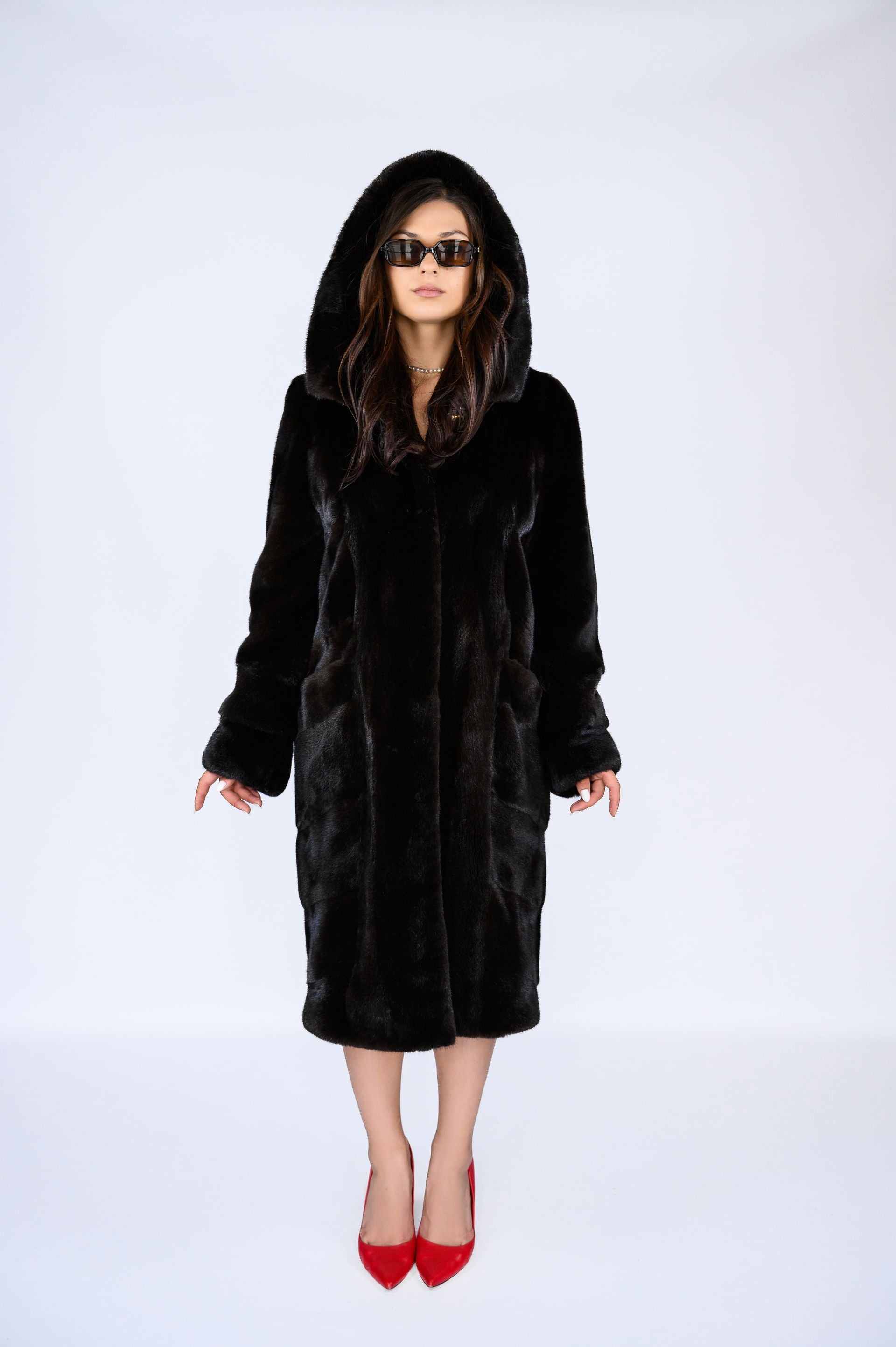 Шуба з канадської норки преміум класу — колір Mahogany (махагон), 110 см