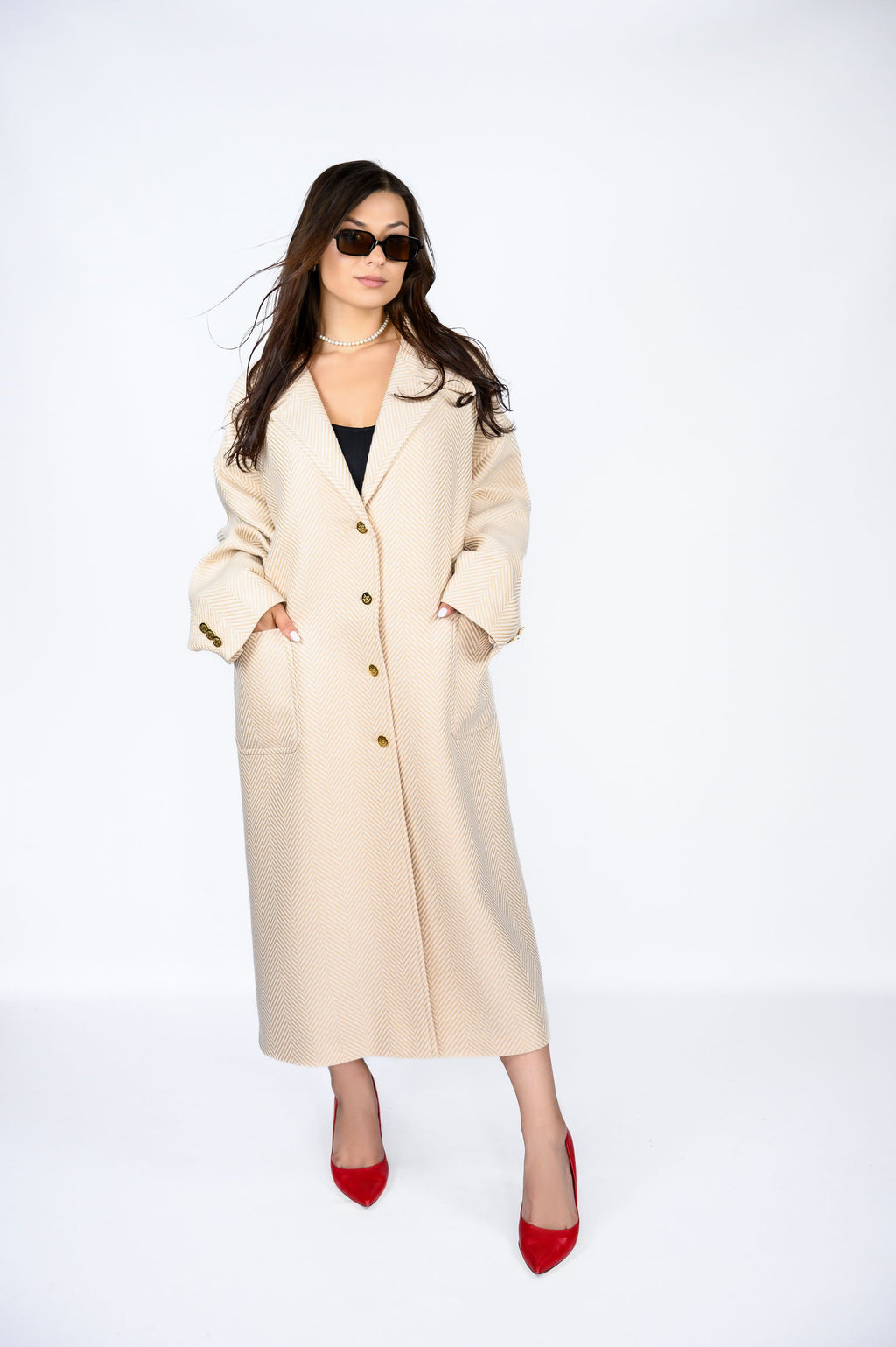 Пальто з італійської тканини у смужку — колір Perla, 120 см