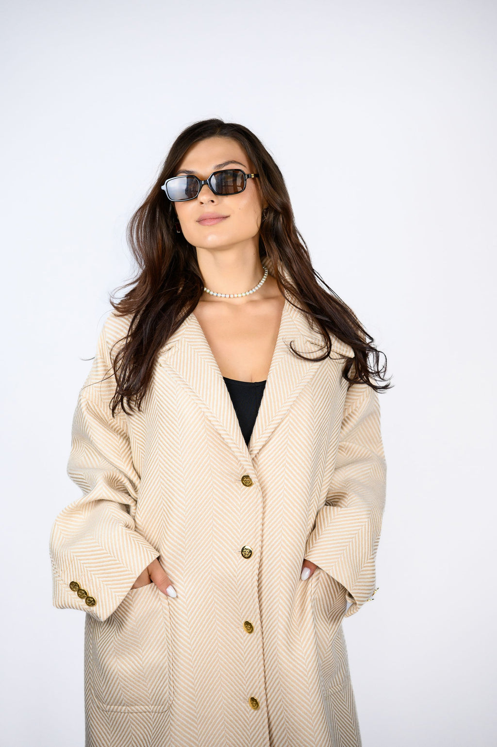 Пальто з італійської тканини у смужку — колір Perla, 120 см