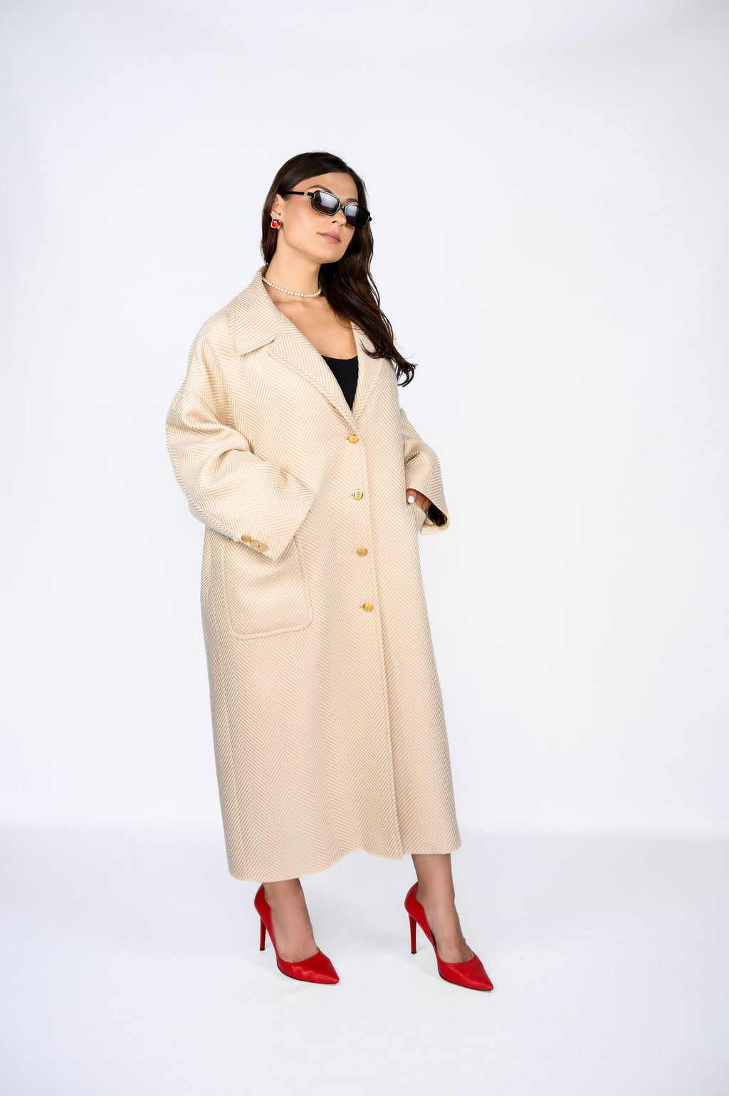 Пальто з італійської тканини у смужку — колір Perla, 120 см