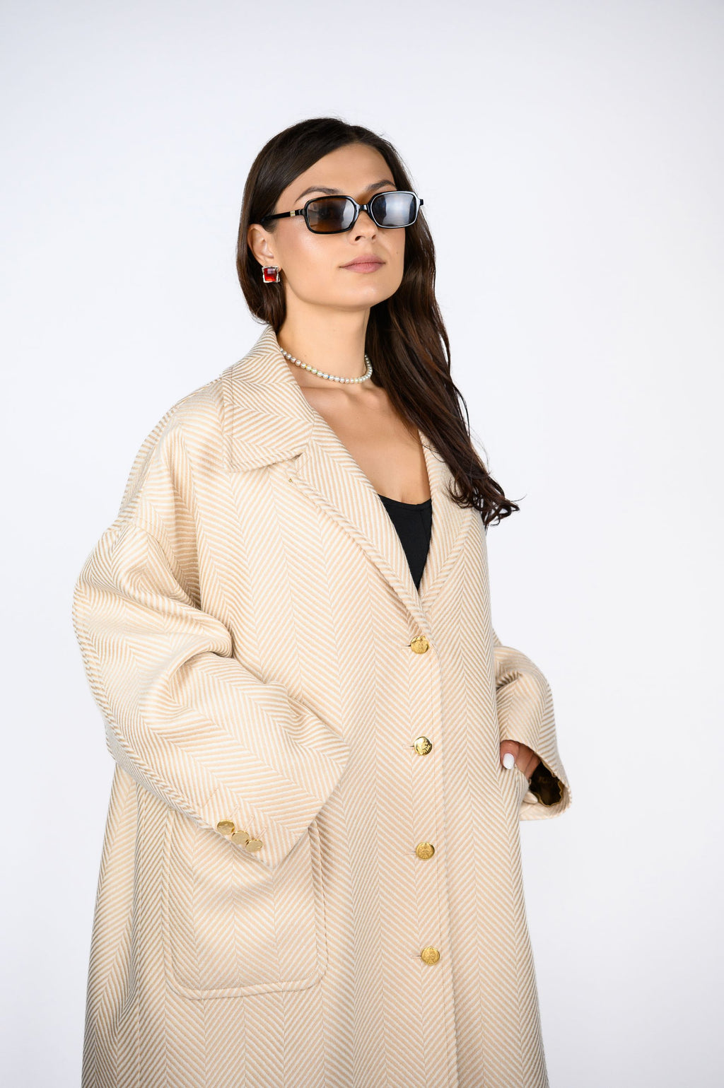 Пальто з італійської тканини у смужку — колір Perla, 120 см