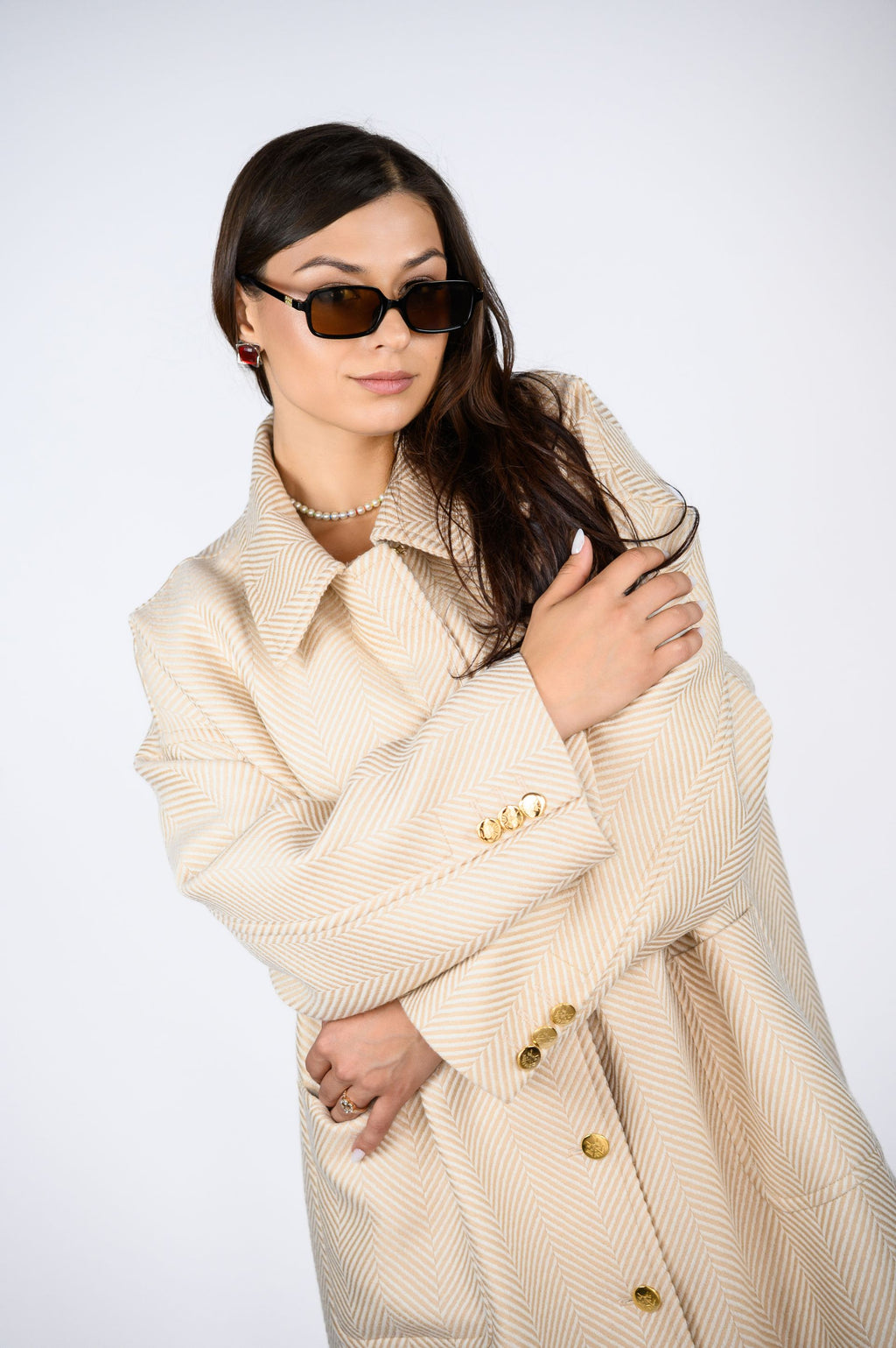 Пальто з італійської тканини у смужку — колір Perla, 120 см