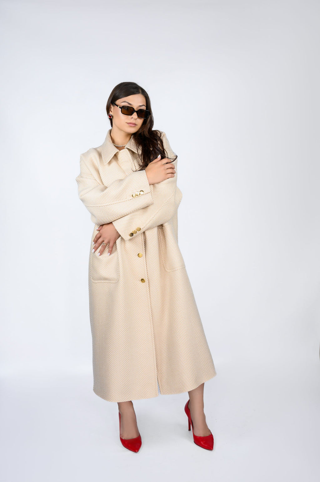 Пальто з італійської тканини у смужку — колір Perla, 120 см