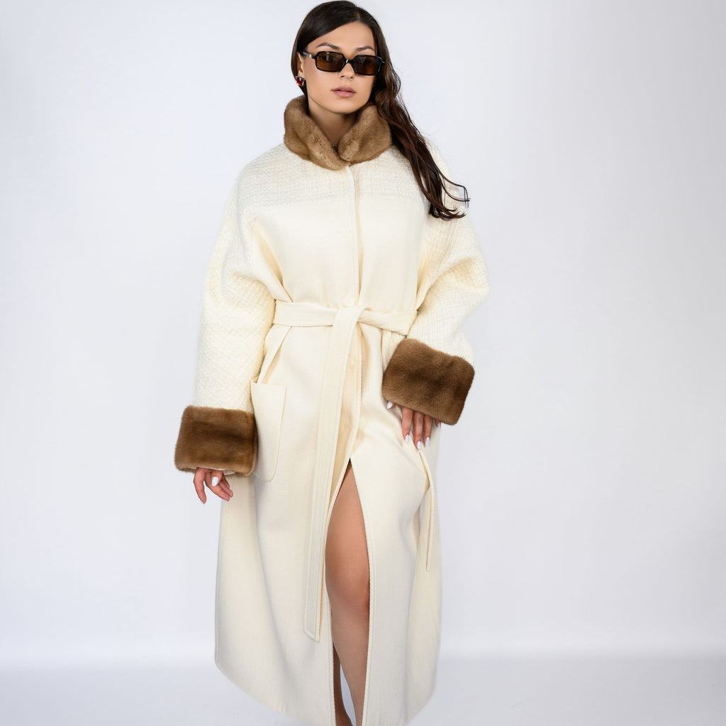 Пальто з італійського кашеміру з оздобленням норкою pastel— колір Perla, 125 см