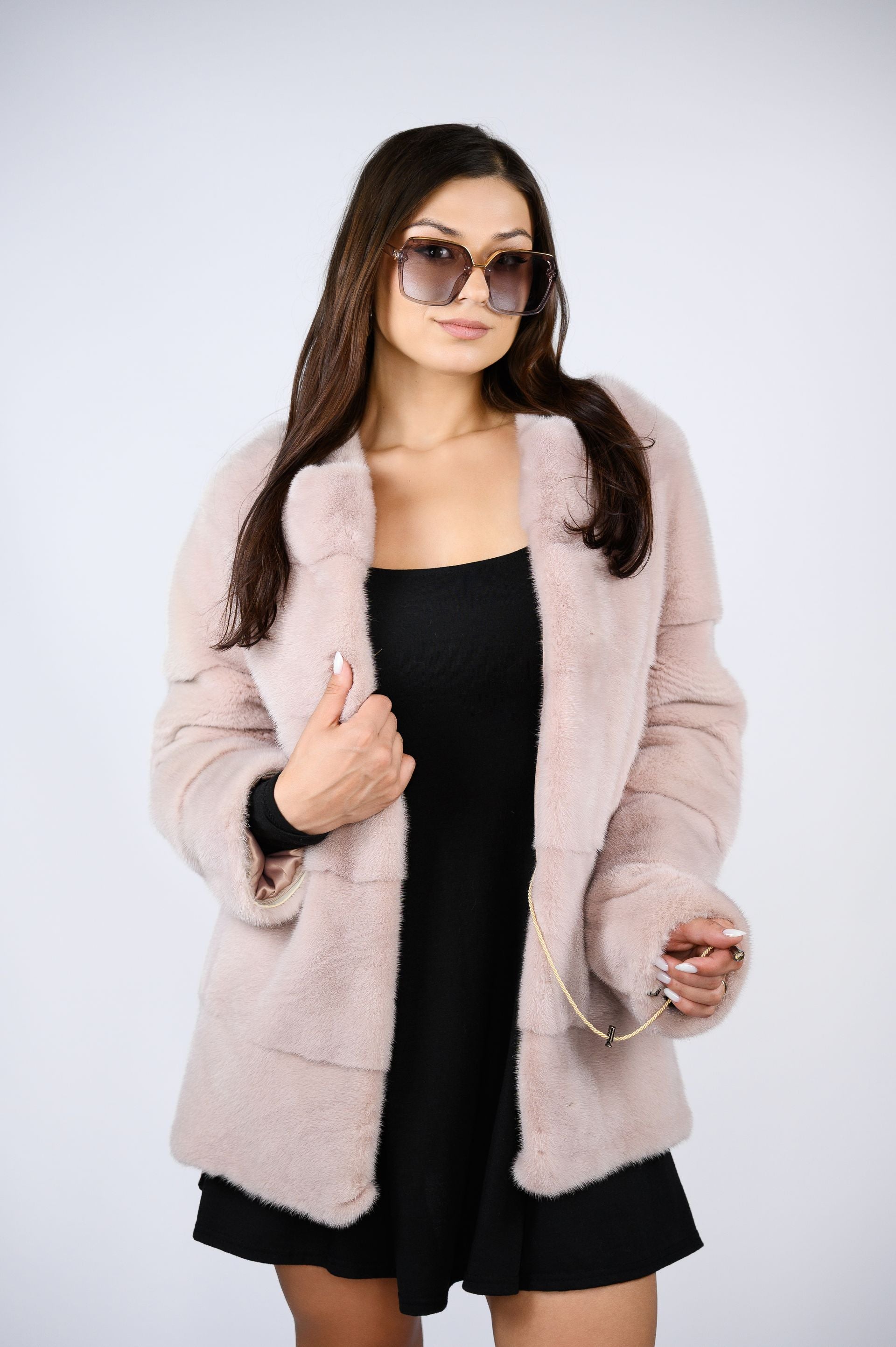 Шуба з канадської норки преміум класу — пудровий колір, 100 см ( трансформер 68см)