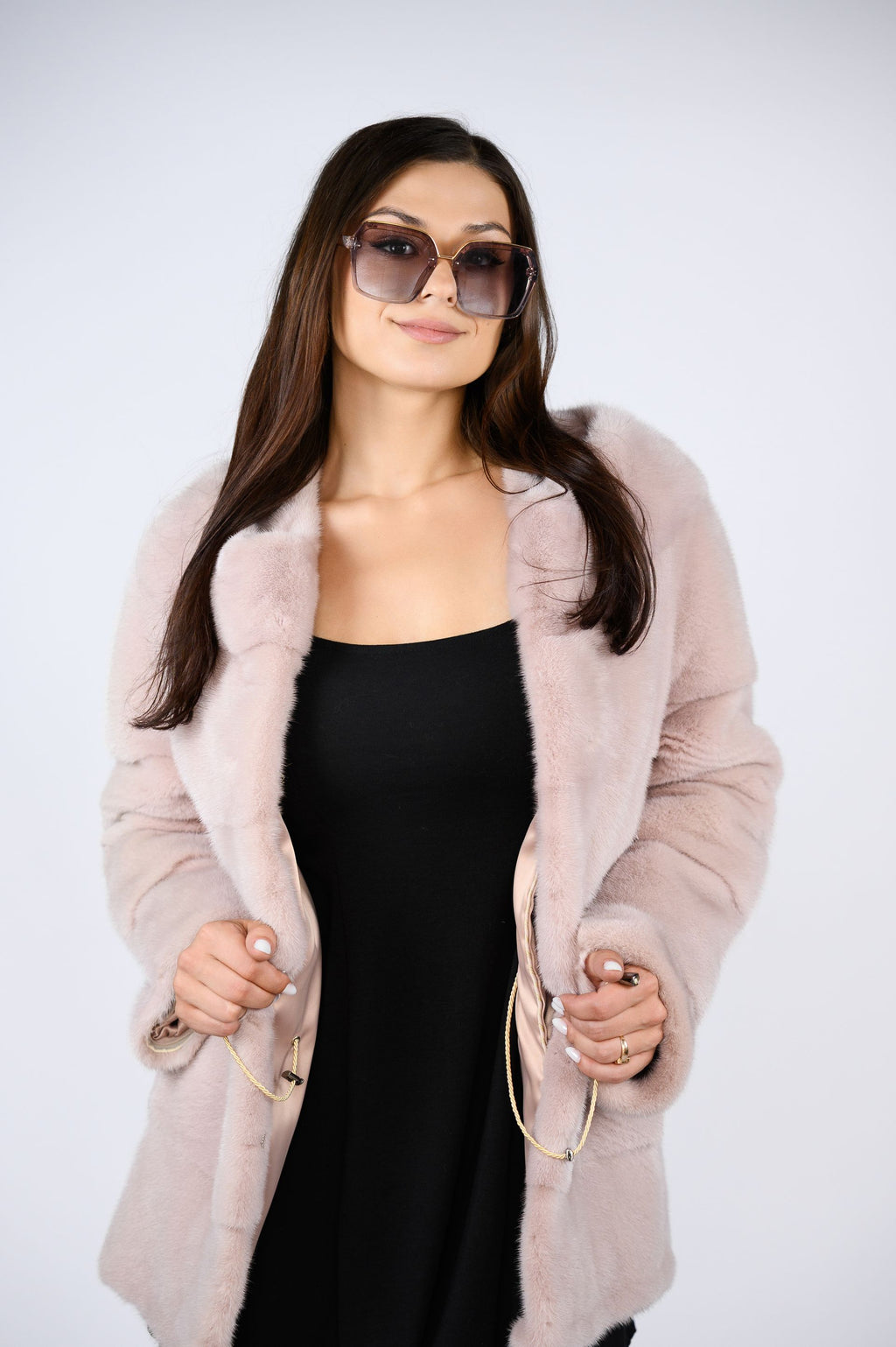 Шуба з канадської норки преміум класу — пудровий колір, 100 см ( трансформер 68см)