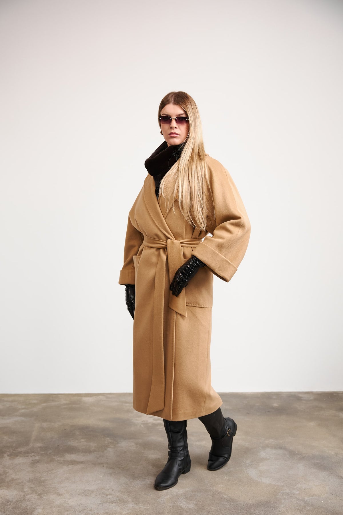 Пальто з преміум вовни та кашеміру у кольорі Camel - 125 cm