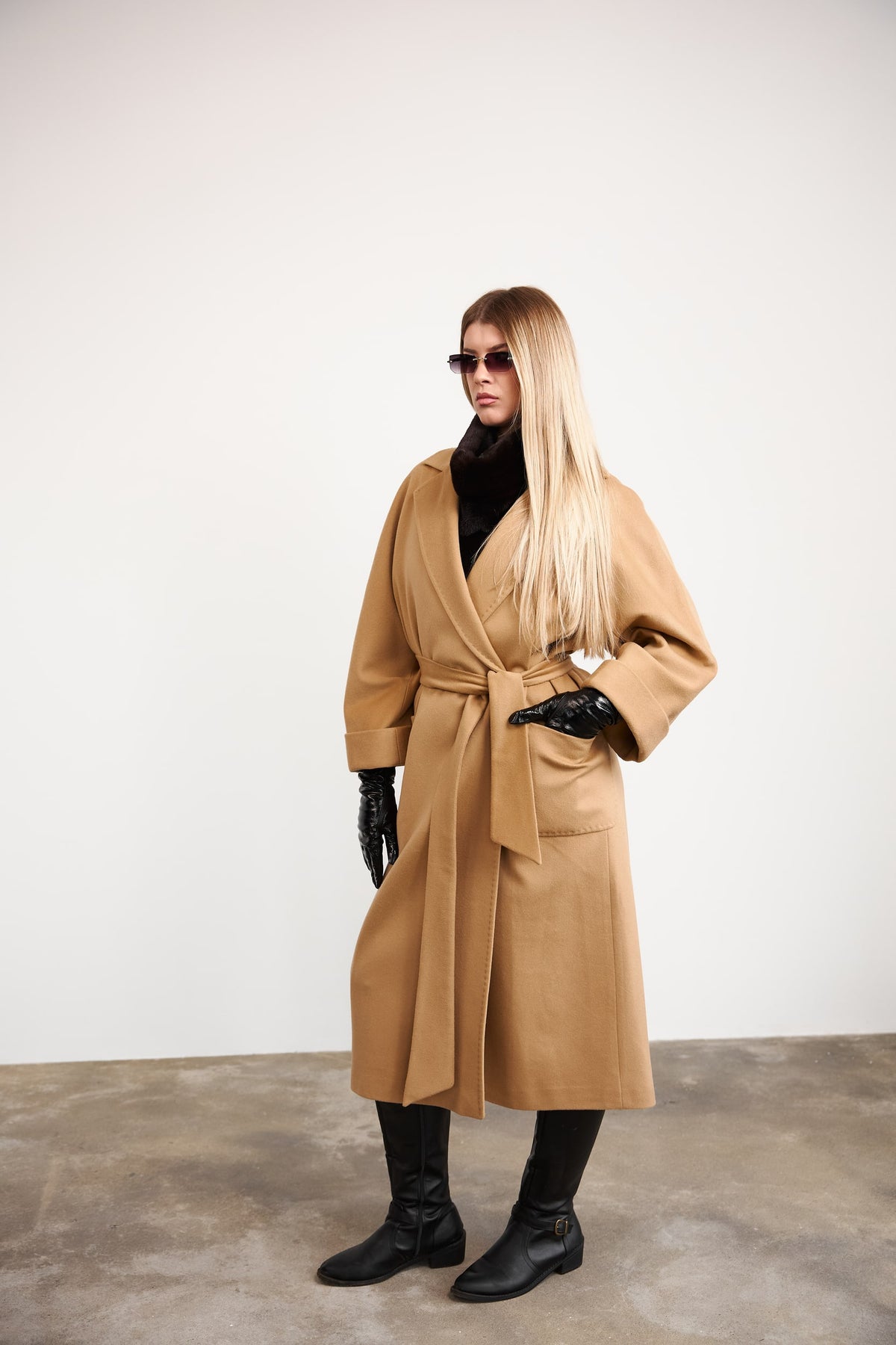 Пальто з преміум вовни та кашеміру у кольорі Camel - 125 cm